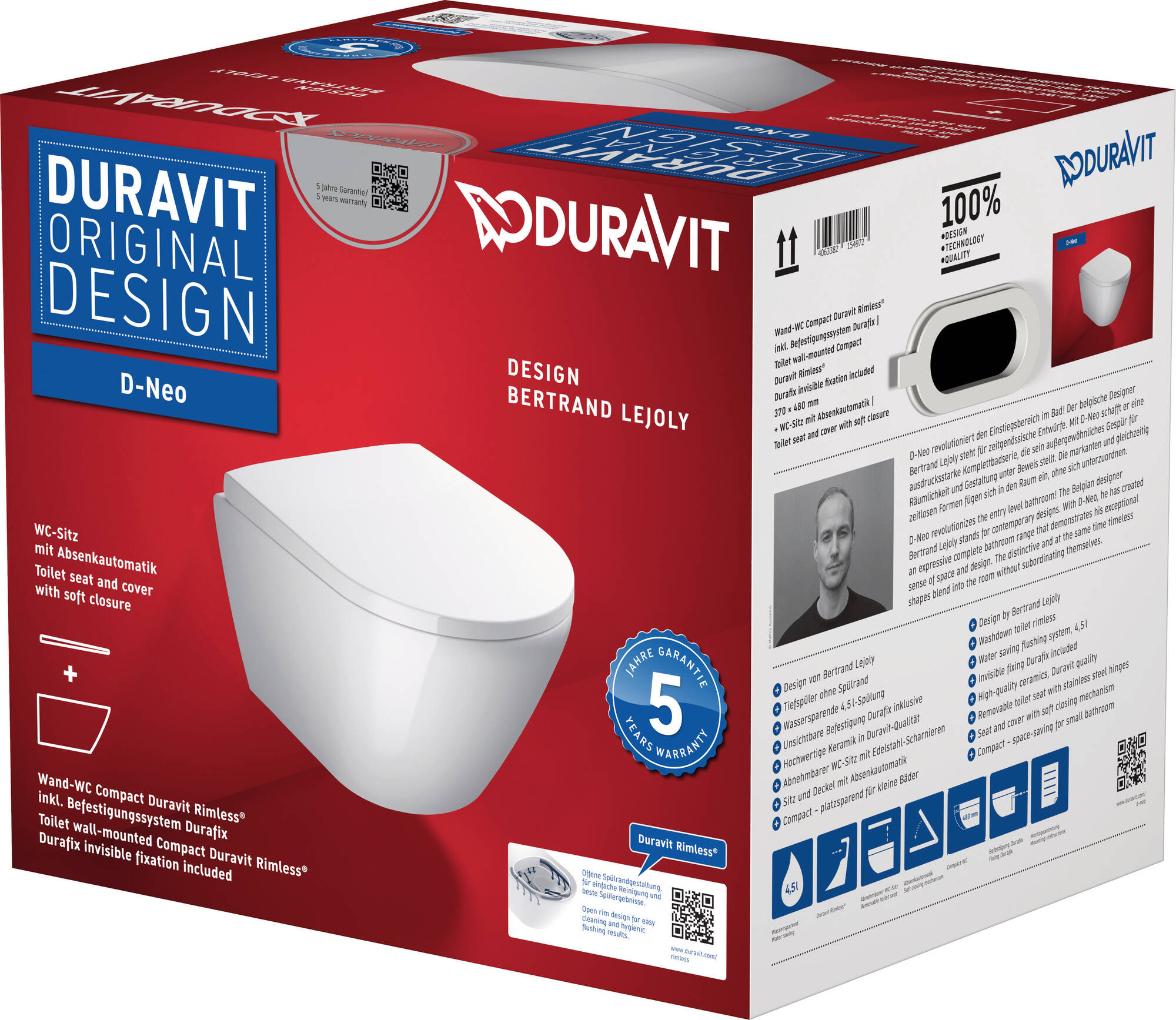 Ezel Spit Uitlijnen Duravit D-Neo compact en randloos hangtoilet met toiletbril 37x48x40cm Wit  - Saniweb.be